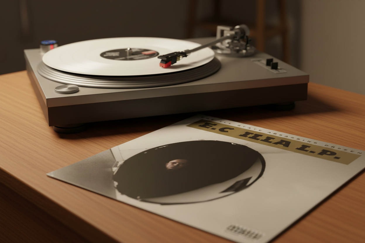 A turntable with a vinyl record on it sits on a wooden table next to a printed record sleeve featuring the text 'EC ILLA LP.