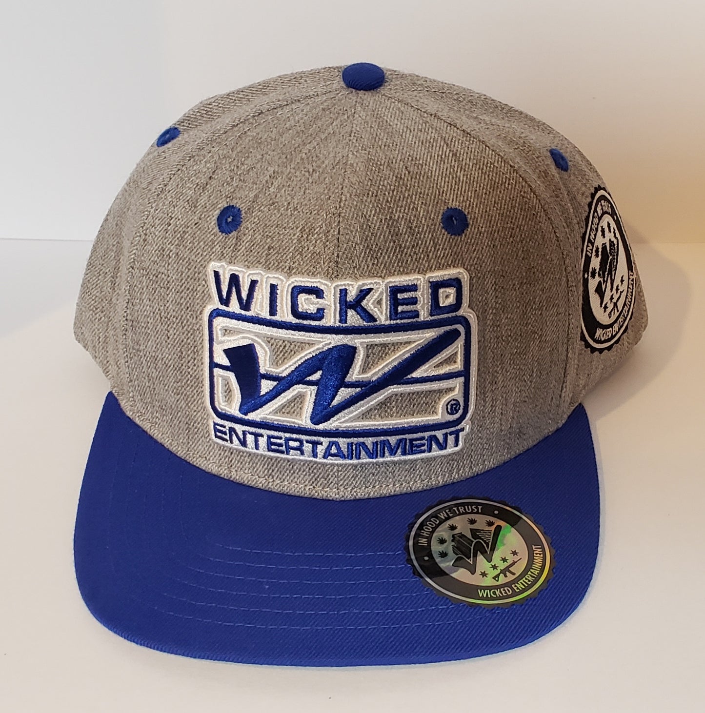 Wicked Logo Snapback hat | Grey and Blue with Blue Brim