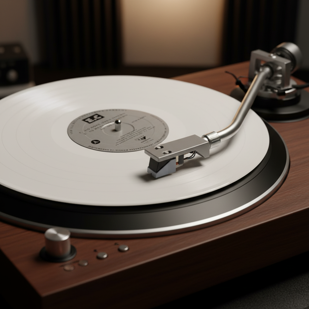 A close-up of a wooden turntable with a vinyl record spinning on it, featuring a silver tonearm and a warm, dimly lit background.