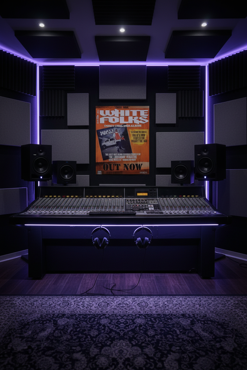 A professional recording studio setup featuring a large mixing console, two studio monitors, and headphones resting on the console. The room is decorated with black acoustic foam panels, purple LED strip lighting, and a vintage-style 'White Folks' poster hanging on the back wall.