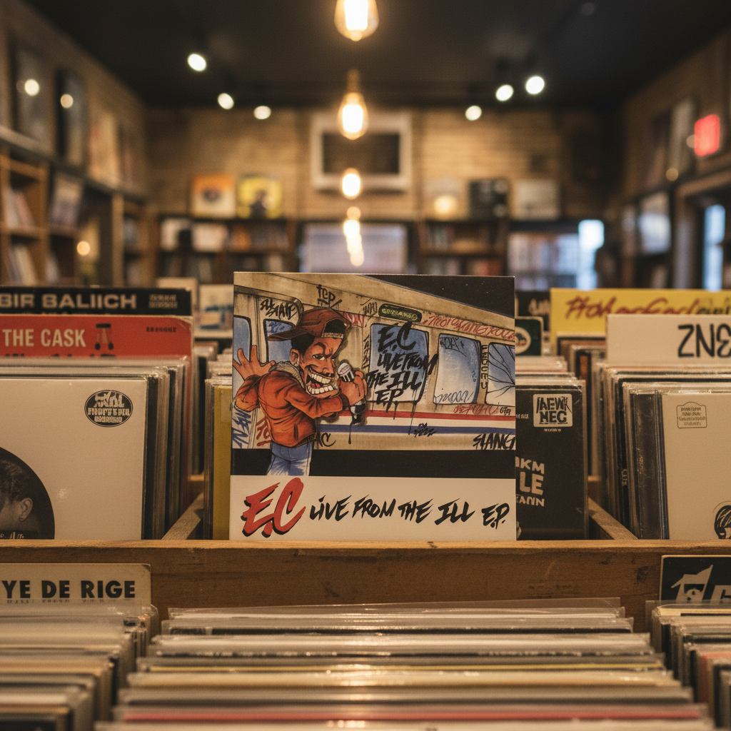 A vinyl record store interior with shelves of records and a central album cover featuring a cartoon-style figure and the text 'EC Live from the Ill EP'.