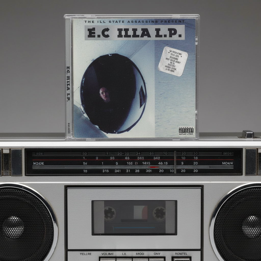 E.C. Illa L.P. CD album cover displayed on top of a vintage boombox against a gray studio background.