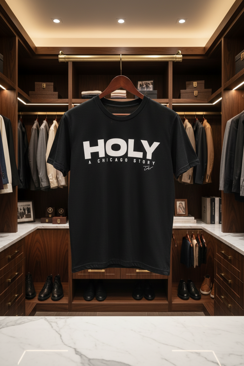 A black short-sleeve T-shirt hanging on a wooden hanger in a luxury walk-in closet. The shirt features the text 'HOLY A CHICAGO STORY' printed in bold white capital letters across the chest.